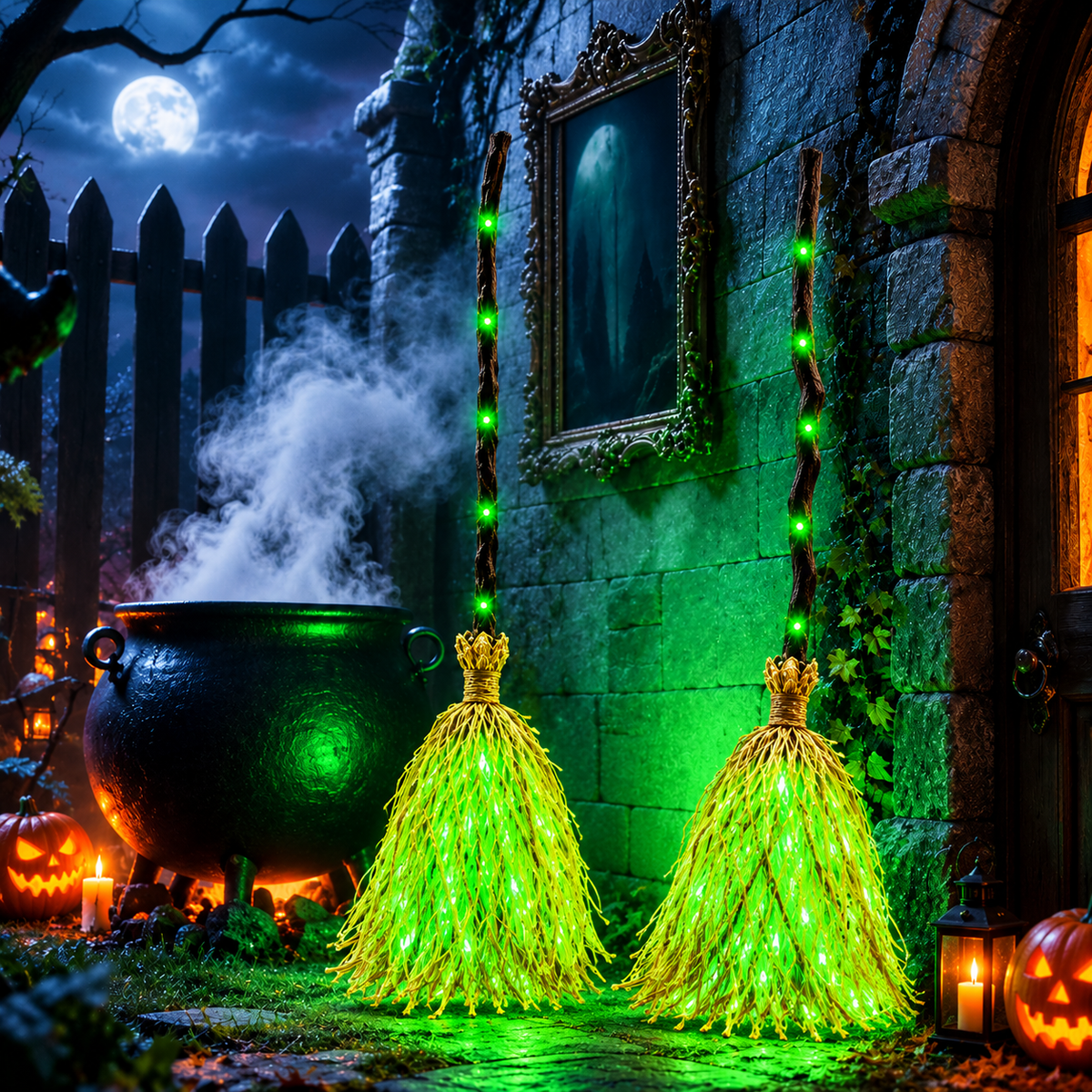 Two green glowing witch brooms side by side, the Buy 2 bundle