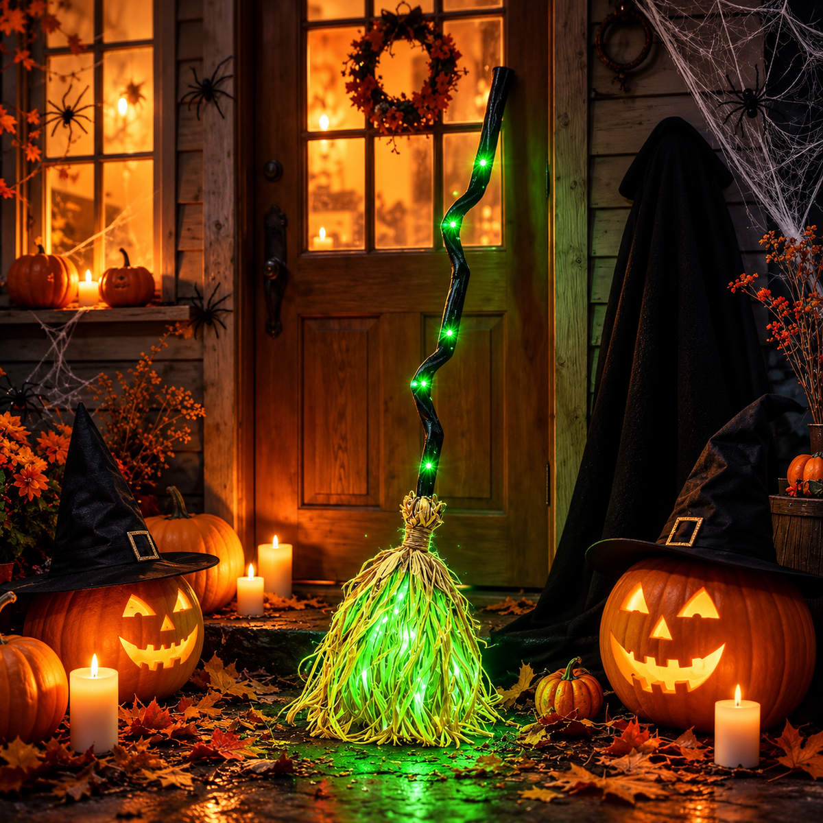 Light up witch broom on a decorated front porch beside a wooden door, surrounded by jack-o-lanterns, candles, witch hats and autumn leaves