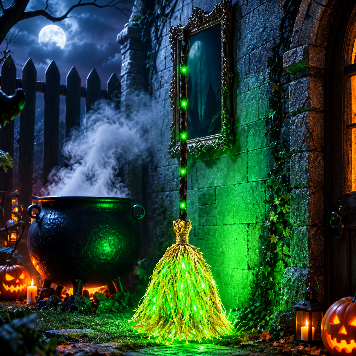 Green glowing witch broom standing against a stone wall at night beside a smoking cauldron, carved pumpkins and a full moon