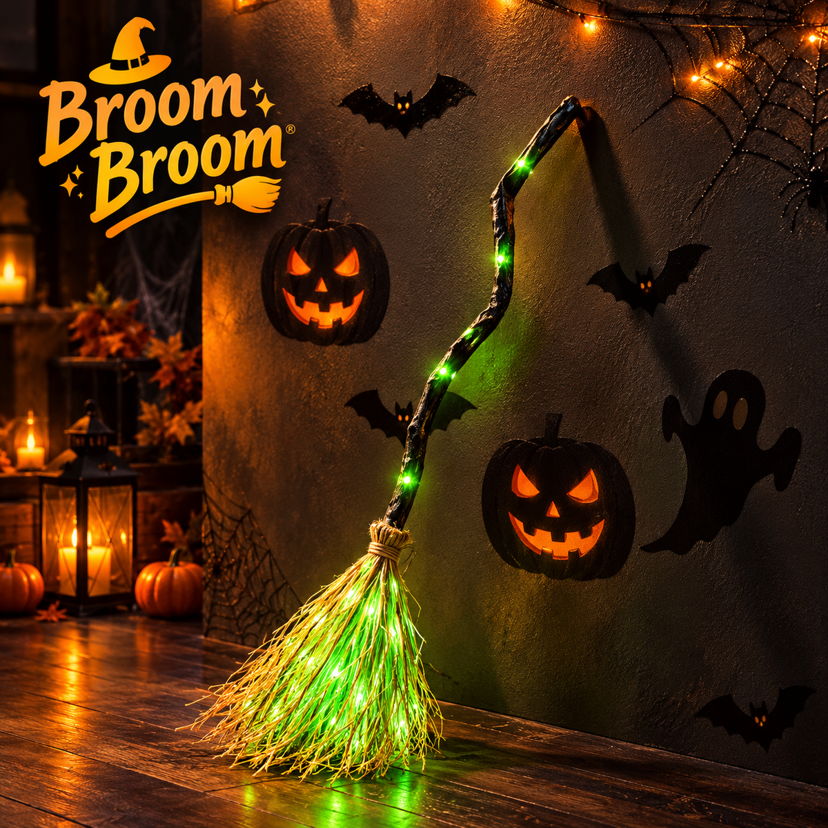 Broom Broom green LED witch broom leaning against a wall decorated with bats, ghosts and carved pumpkins