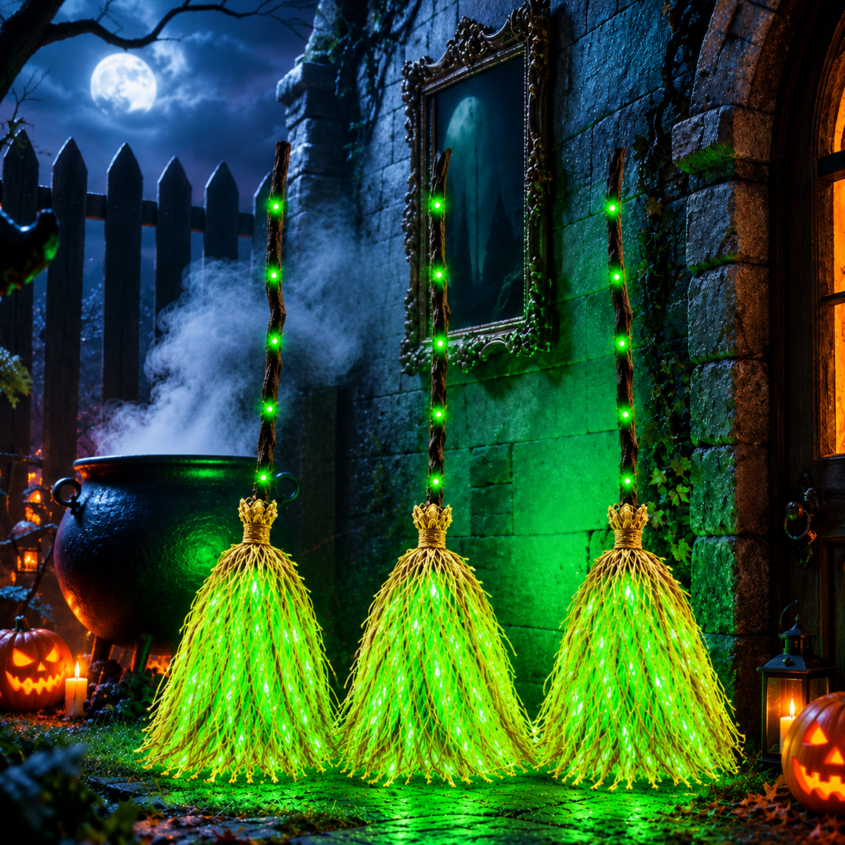 Three green glowing witch brooms side by side, the Buy 3 bundle