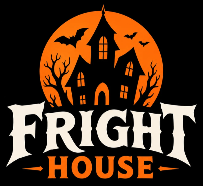 Fright House logo, haunted house against an orange moon